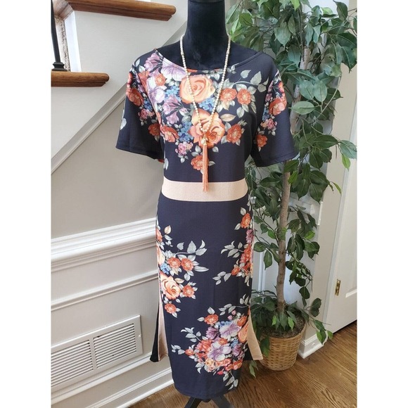 SHEIN Women Black Floral Polyester Round Neck Short Sleeve Knee Length Dress 4XL - Picture 1 of 12